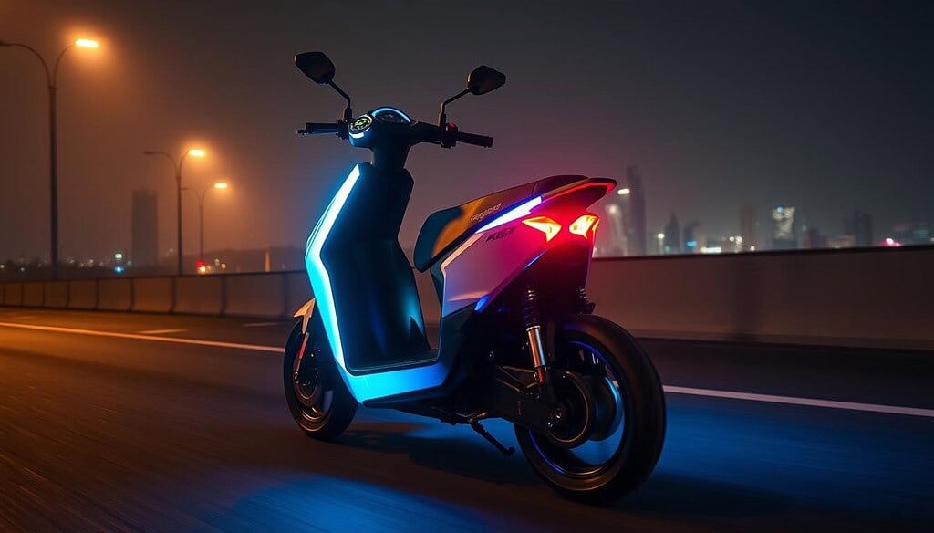 Highwaykick 3 LED scooter glowing at night
